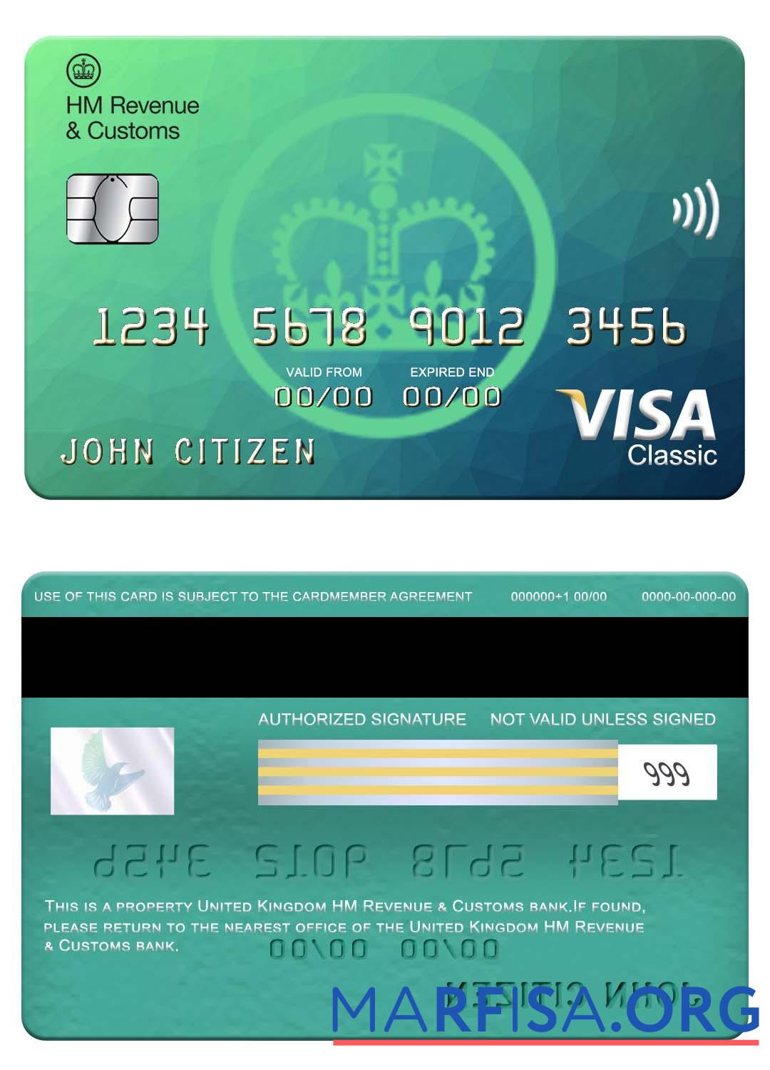 Blank United Kingdom HM Revenue & Customs bank visa classic card real example